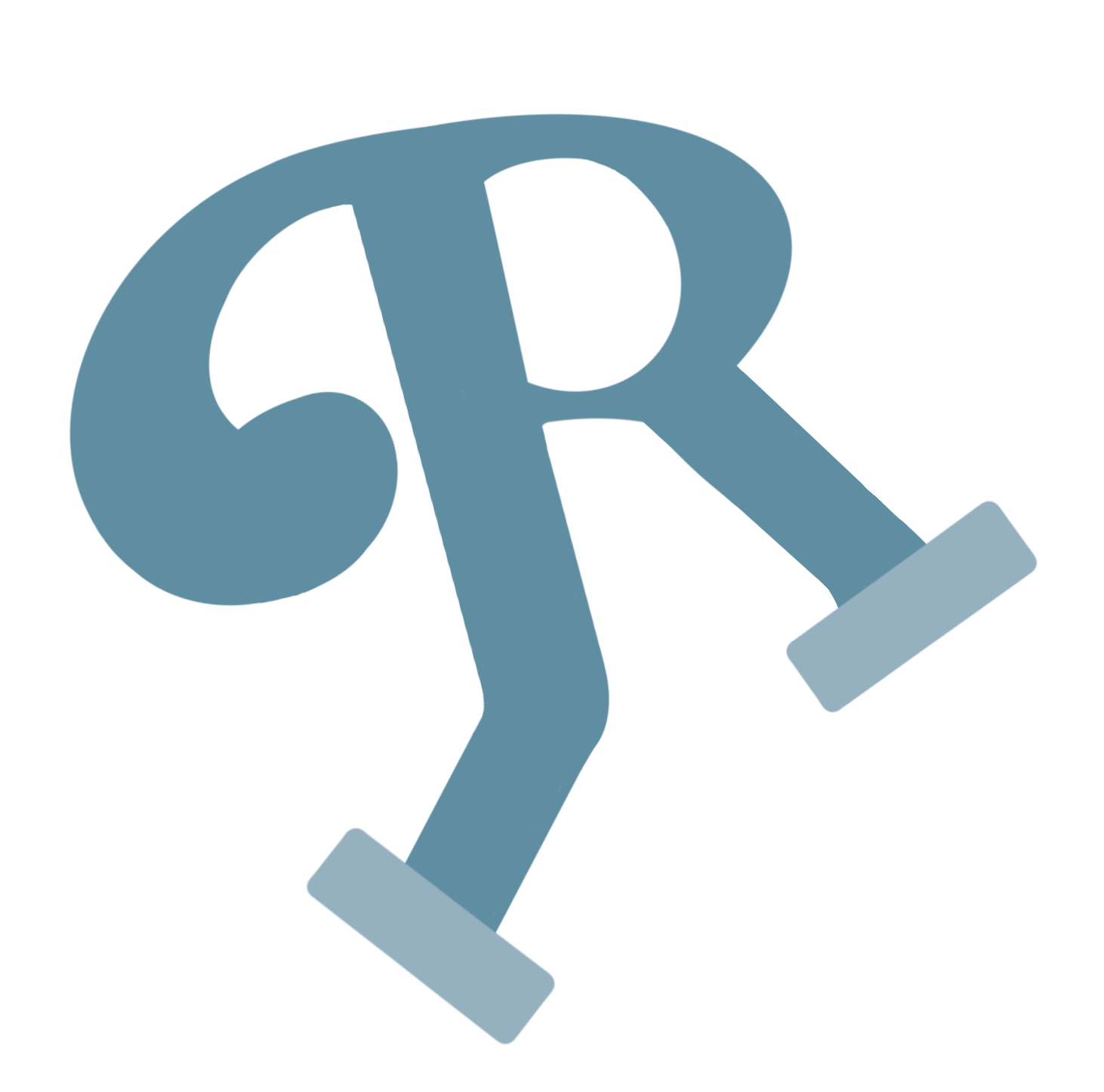 Rádala logo in blue. It's a capital R, and the bottom looks like legs running.