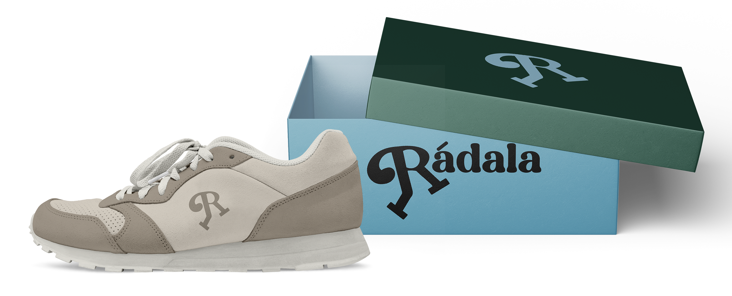 A beige and light brown running sneaker featuring the Rádala logo next to a blue and green shoe box. The box has the full word Rádala on the side and the big R on the top of the lid.