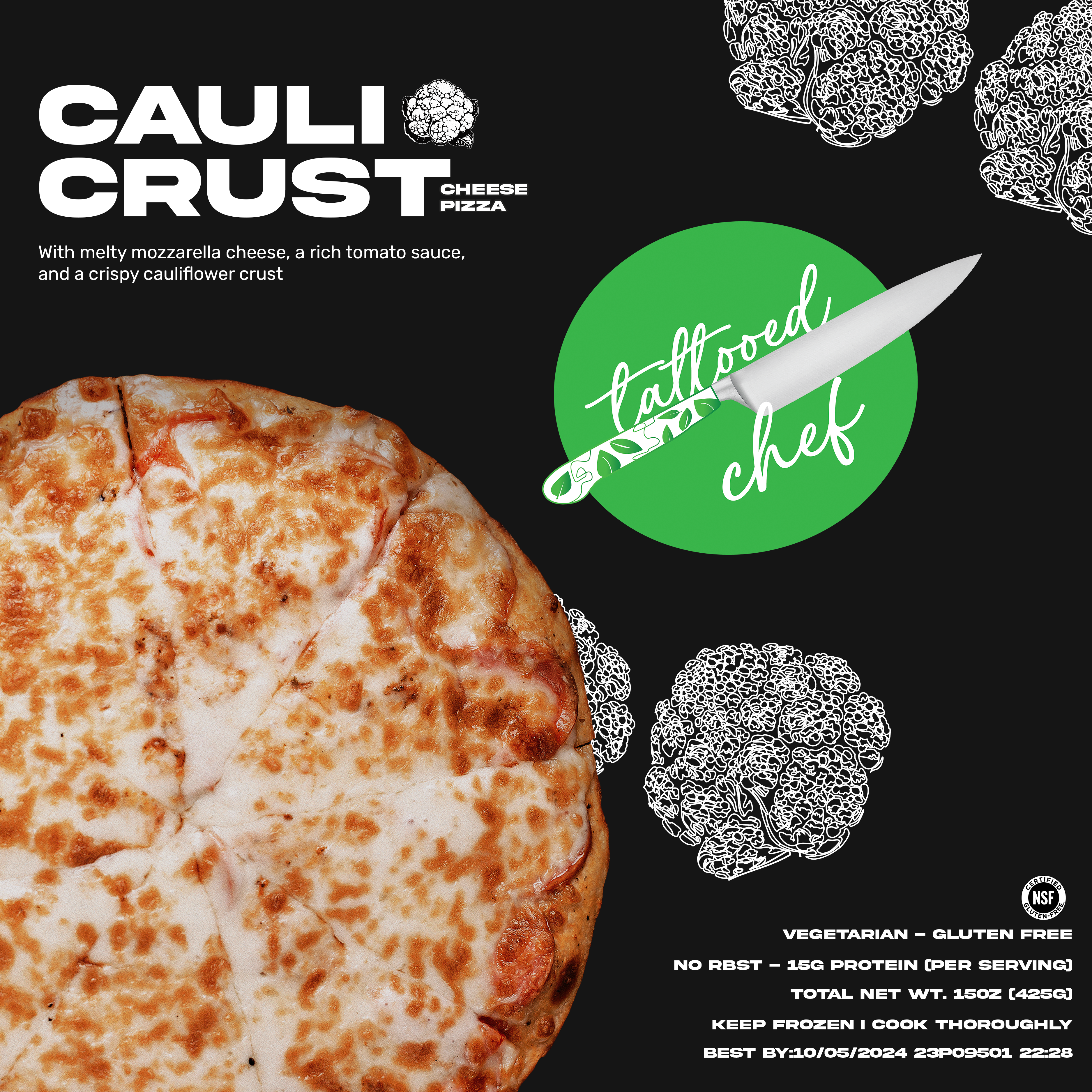 Pizza box design for tattooed chef's cauliflower crust flavor. The box is black with white text and features the green logo. On the bottom left side of the box is an image of a cheese pizza. The top left says Cauli Crust in bold white text and there is a cute little cauliflower head next to the words. There is decorative white cauliflower throughout the design.