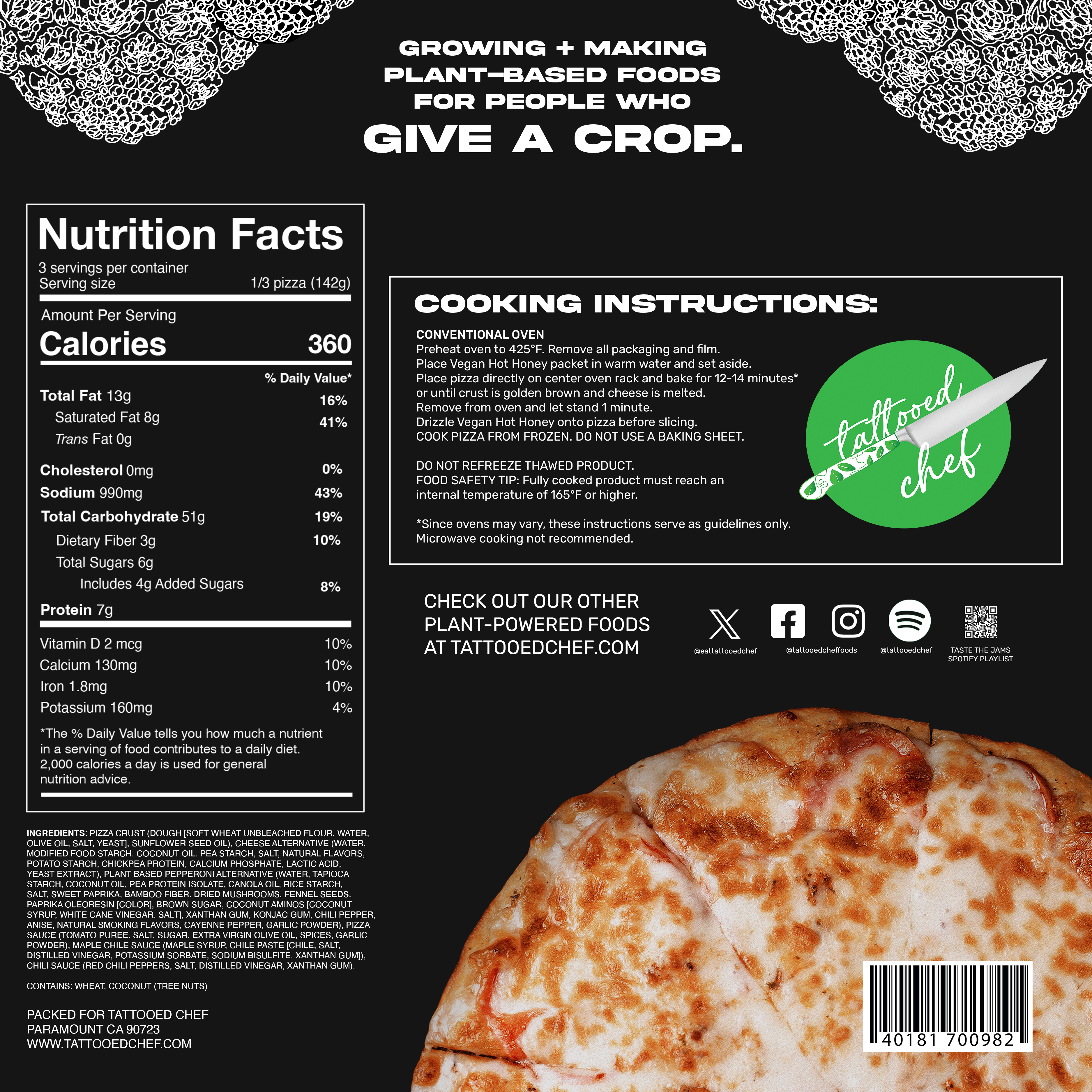 Back of the Cauli crust pizza box. The same image of cheese pizza is now on the bottom right of the box and the green logo is featured on the right side of the box. The decorative cauliflower is in the top two corners, and the back features nutrition info and cooking instructions.