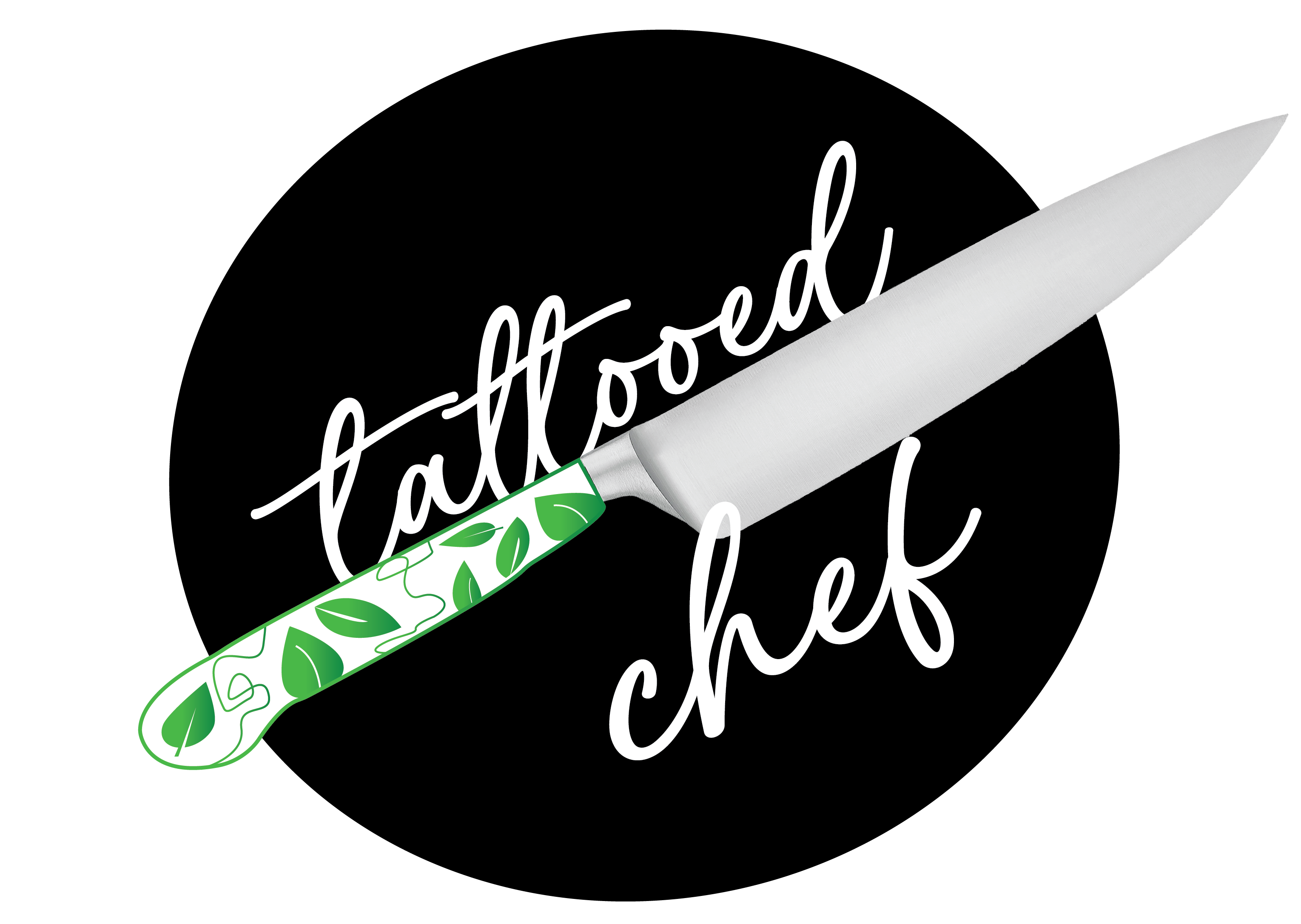 Final tattooed chef logo in black. The logo is a black circle with white text that reads tattooed chef. Inside the text is a knife, with a green and white decorative handle with plants on it.