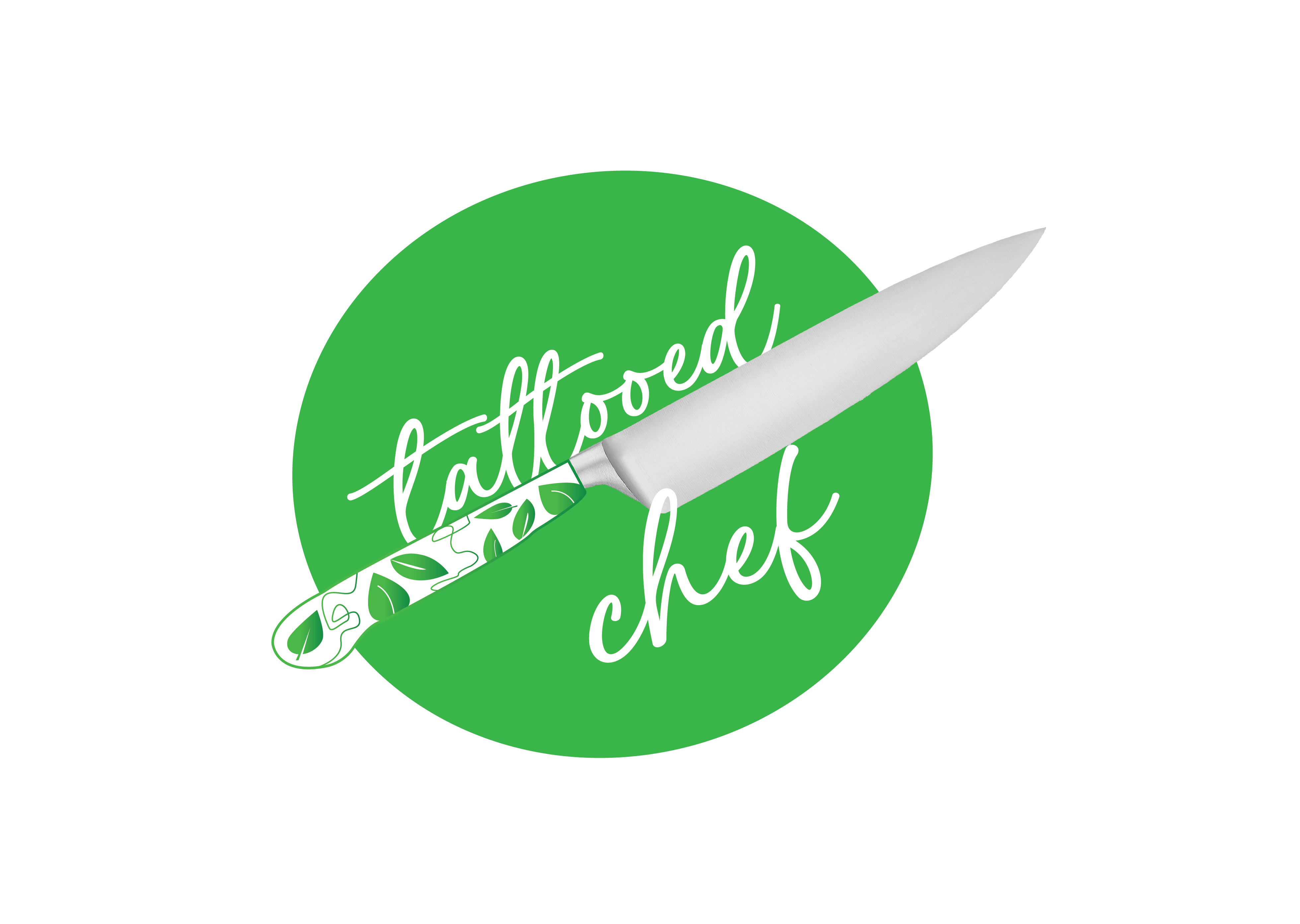 Final tattooed chef logo in green. The logo is a green circle with white text that reads tattooed chef. Inside the text is a knife, with a green and white decorative handle with plants on it.