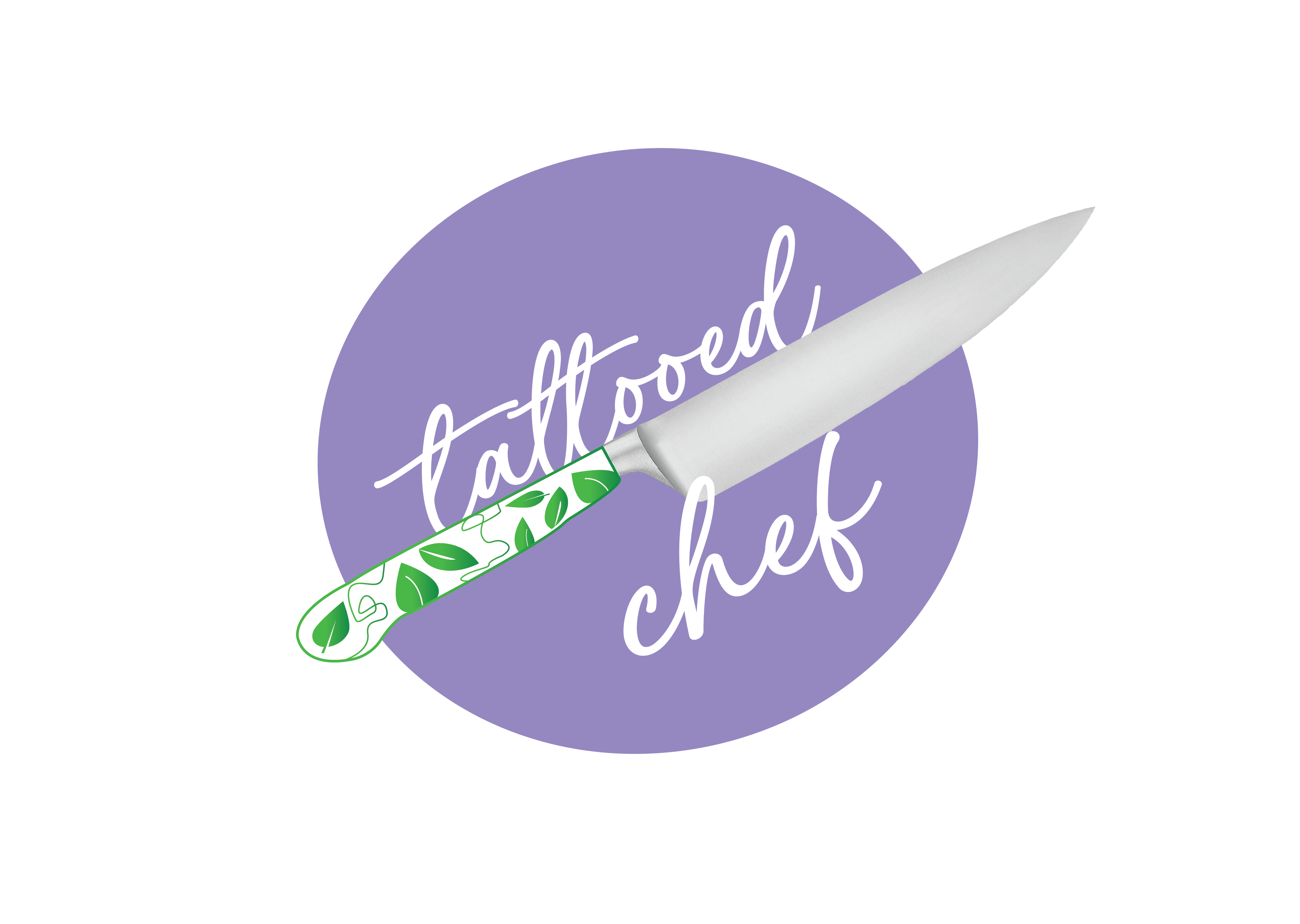 Final tattooed chef logo in purple. The logo is a purple circle with white text that reads tattooed chef. Inside the text is a knife, with a green and white decorative handle with plants on it.