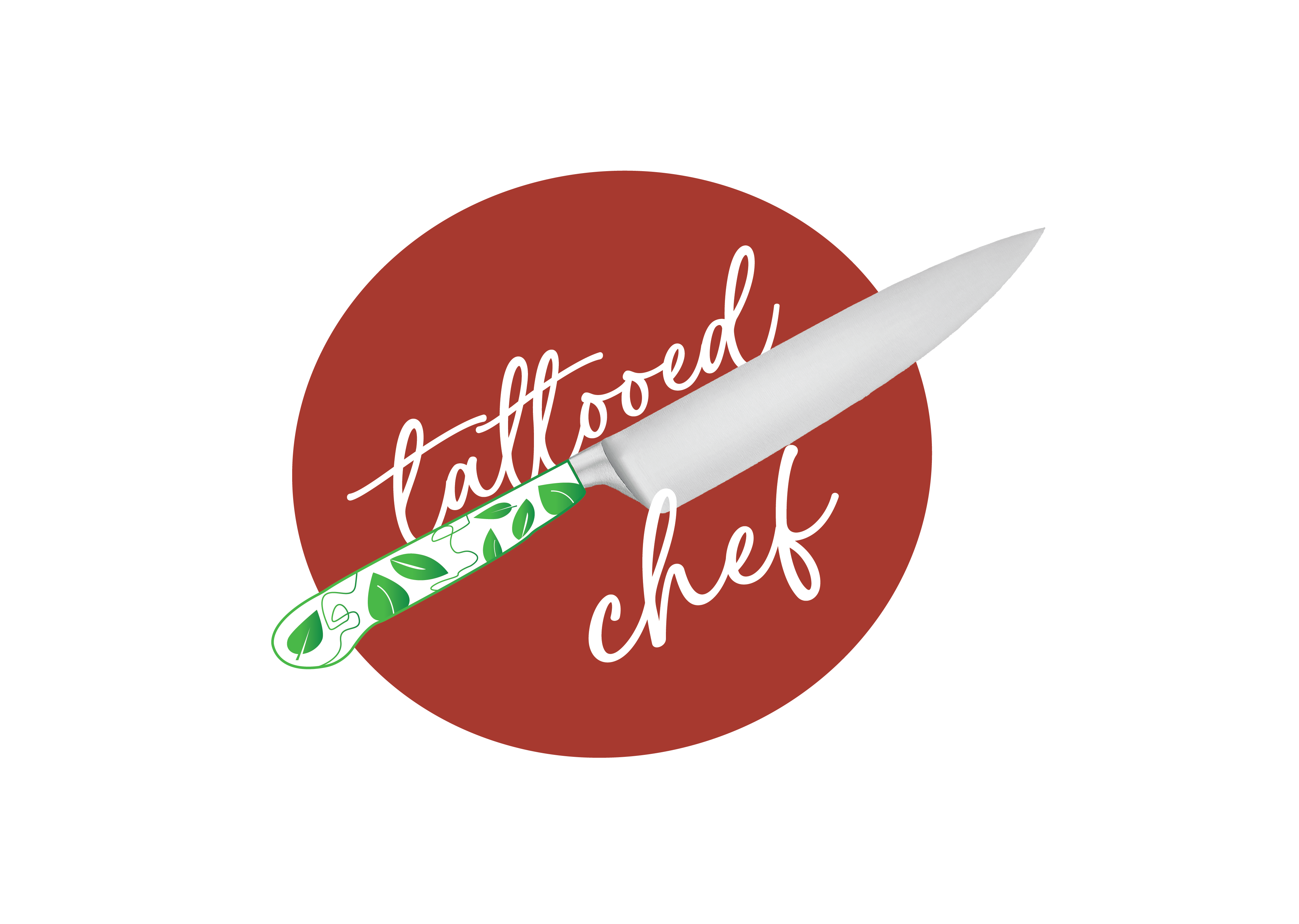 Final tattooed chef logo in red. The logo is a red circle with white text that reads tattooed chef. Inside the text is a knife, with a green and white decorative handle with plants on it.