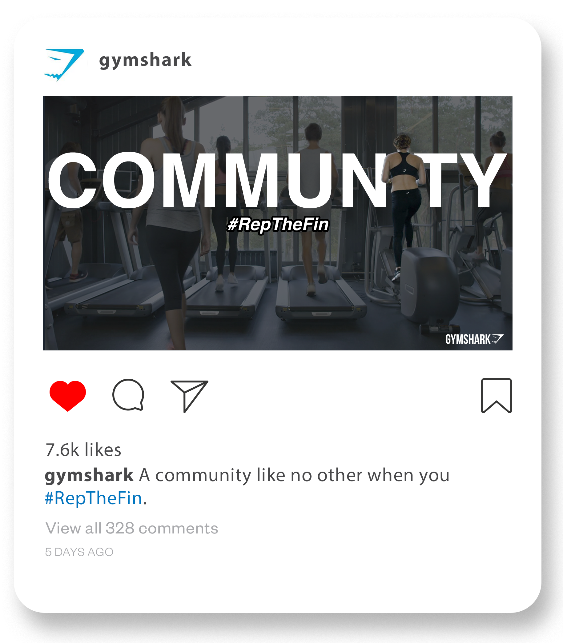 A mockup social post for Gymshark. The ad features people working out and one person creates the I in the word community, followed by the hashtag #RepTheFin