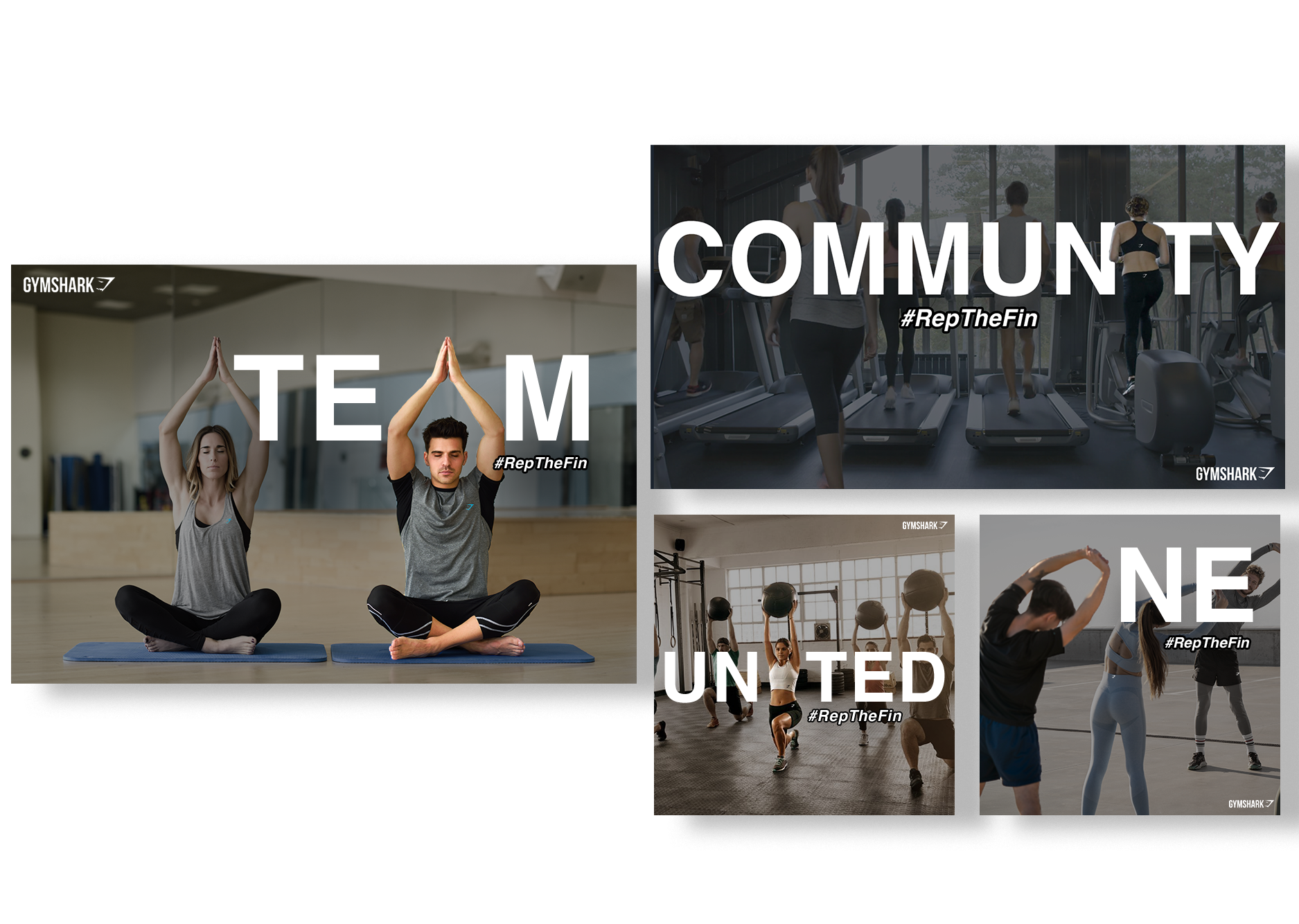 Various ads featuring words like community, team, one, united all with the hashtag #RepTheFin