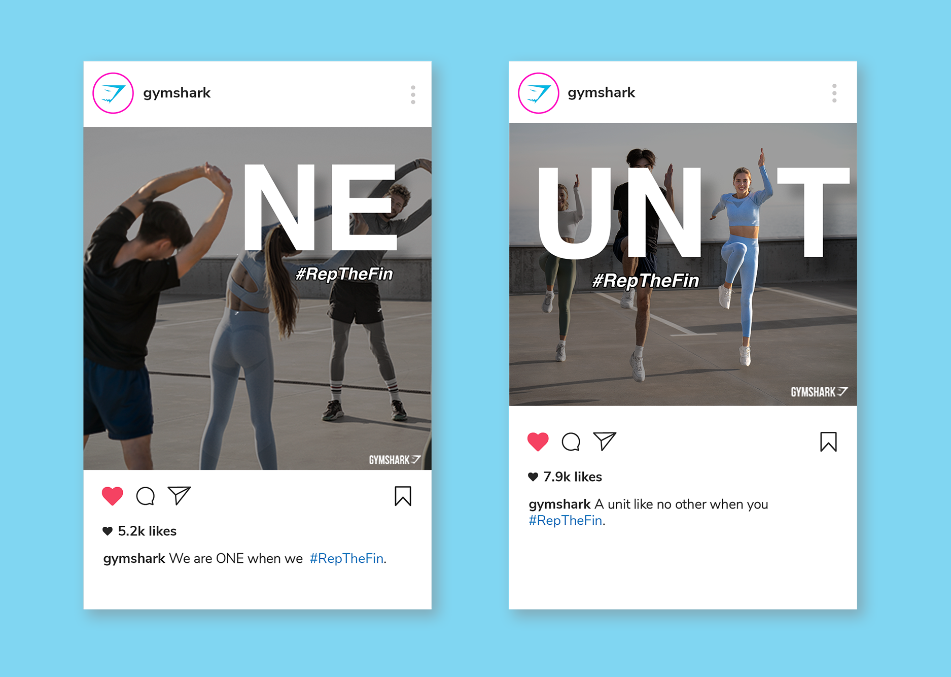 Two mock social posts for the gymshark campaign, one saying Unit and one saying one, both with the hashtag #RepTheFin.