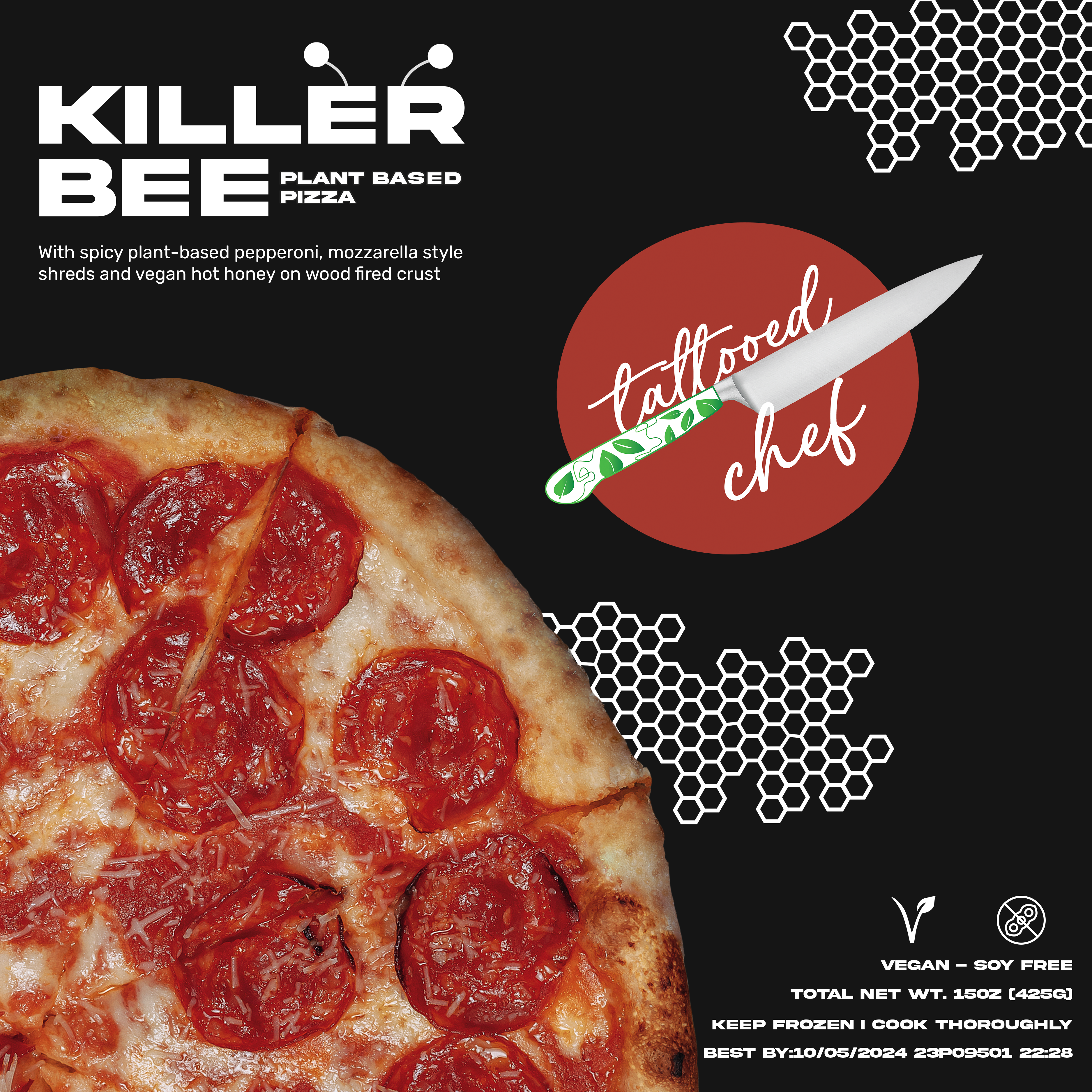 Pizza box design for tattooed chef's killer bee pizza. The box is black with white text and features the red logo. On the bottom left side of the box is an image of a pepperoni pizza. The top left says Killer Bee in bold white text and there are cute little bee antennae on the E and the R of the word killer. There are decorative white honeycomb throughout the design.