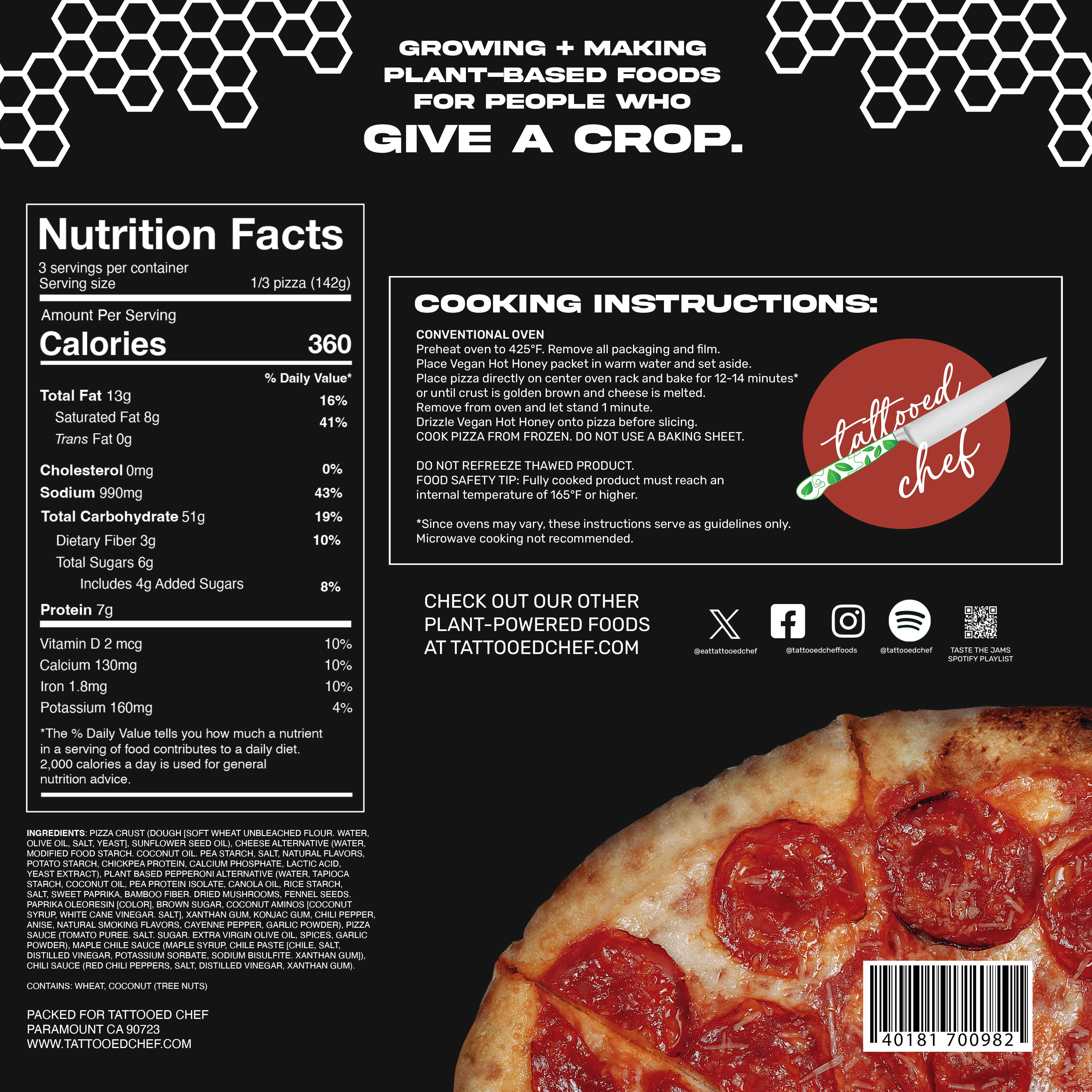 Back of the killer bee pizza box. The same image of pepperoni pizza is now on the bottom right of the box and the red logo is featured on the right side of the box. The decorative honeycomb is in the top two corners, and the back features nutrition info and cooking instructions.