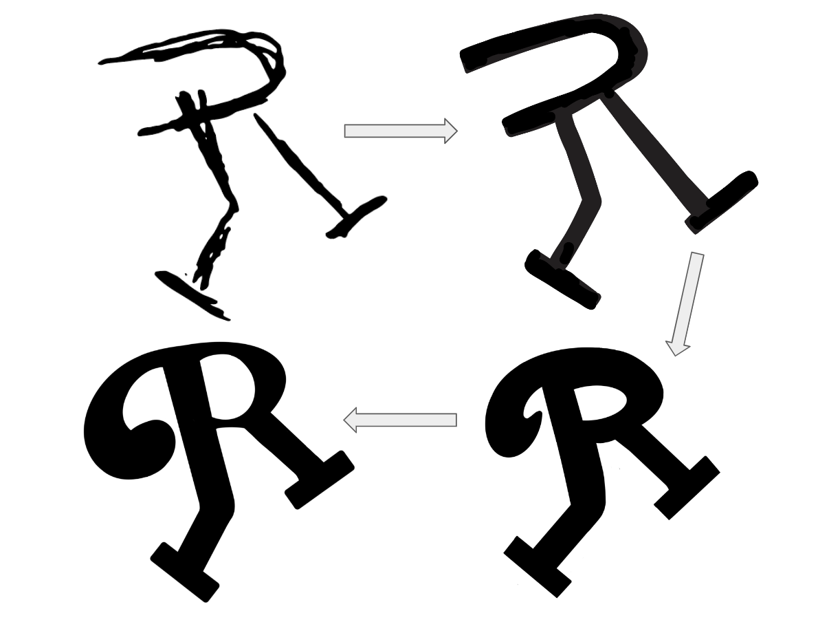 Evolution of the Radala logo starting from a simple pencil sketch. There are 2 versions in between the sketch and the final version. All are shown in black.