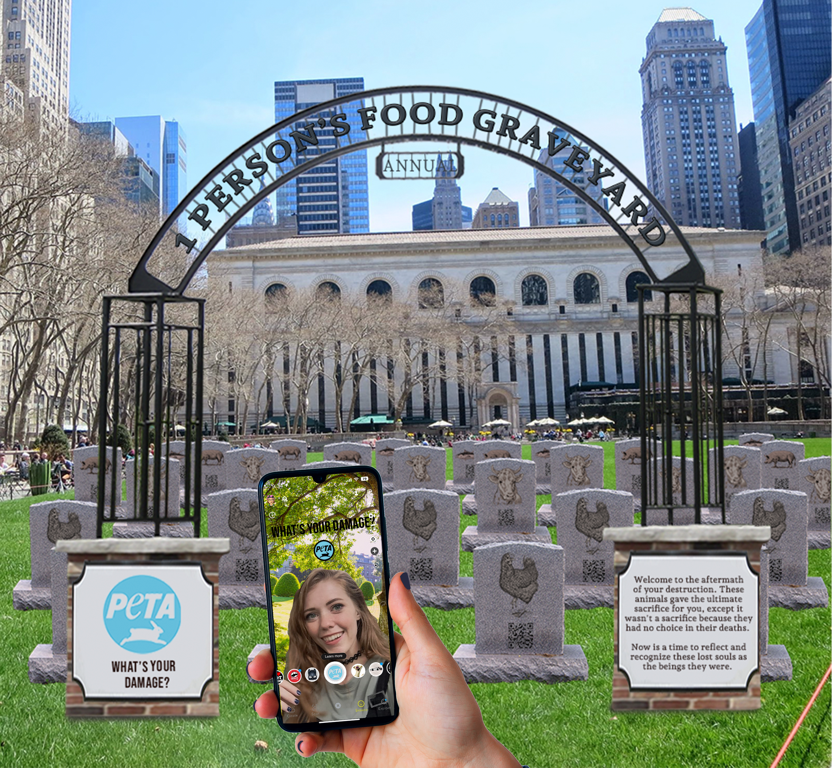 An image of the NYC pop up with a phone screen in front, where a girl is taking a selfie on Snapchat. She is using the PETA snapchat filter, and the screen had PETA's logo and reads Whats your damage?