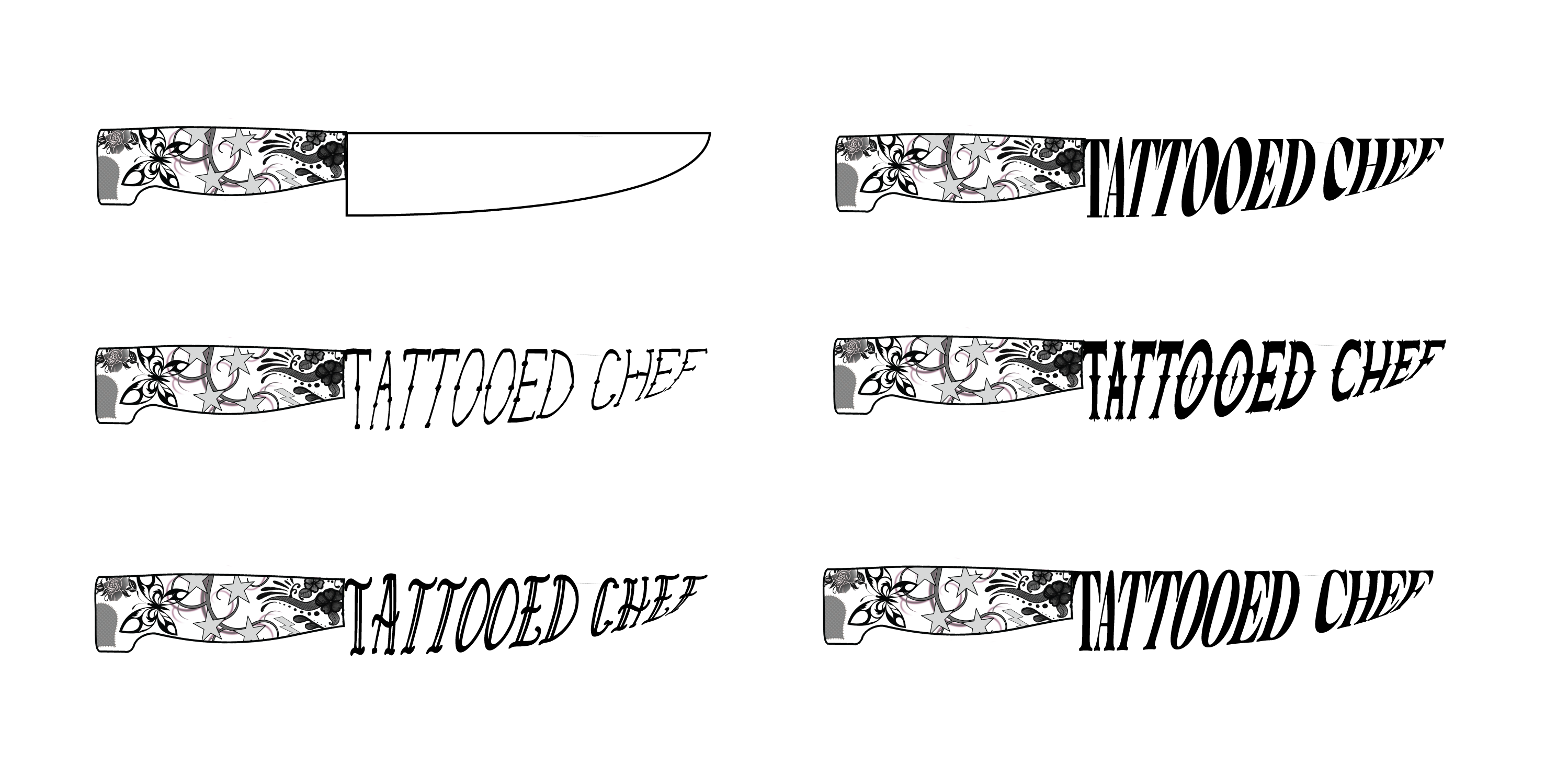 Sketches for the updated Tattooed Cheg logo. These are black and white sketches of knives where the text tattooed chef is the shape of the knife.