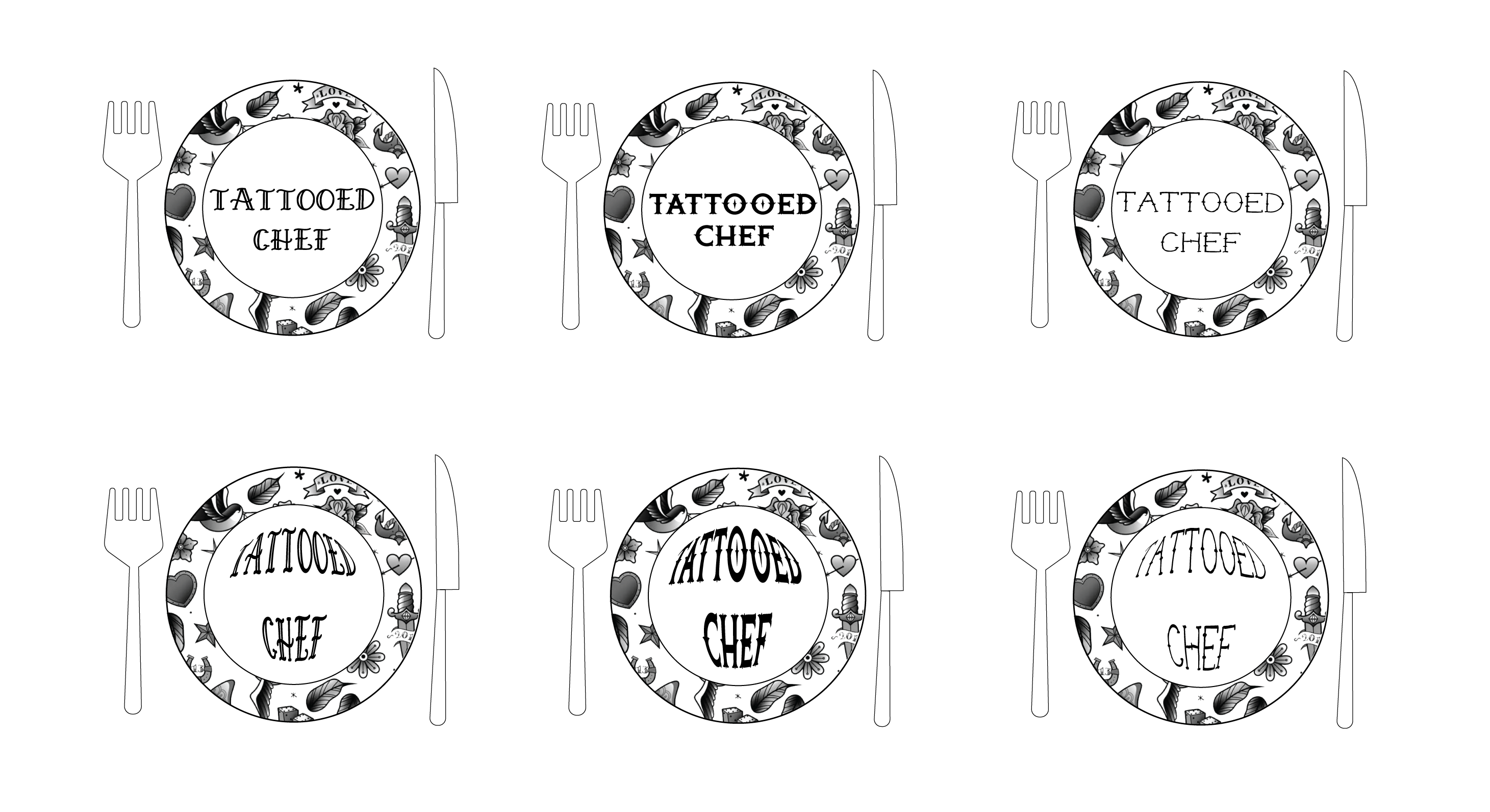 Sketches for the updated Tattooed Cheg logo. These are black and white sketches of plates with tattooed designs on them and the Tattoed Chef text in the center.