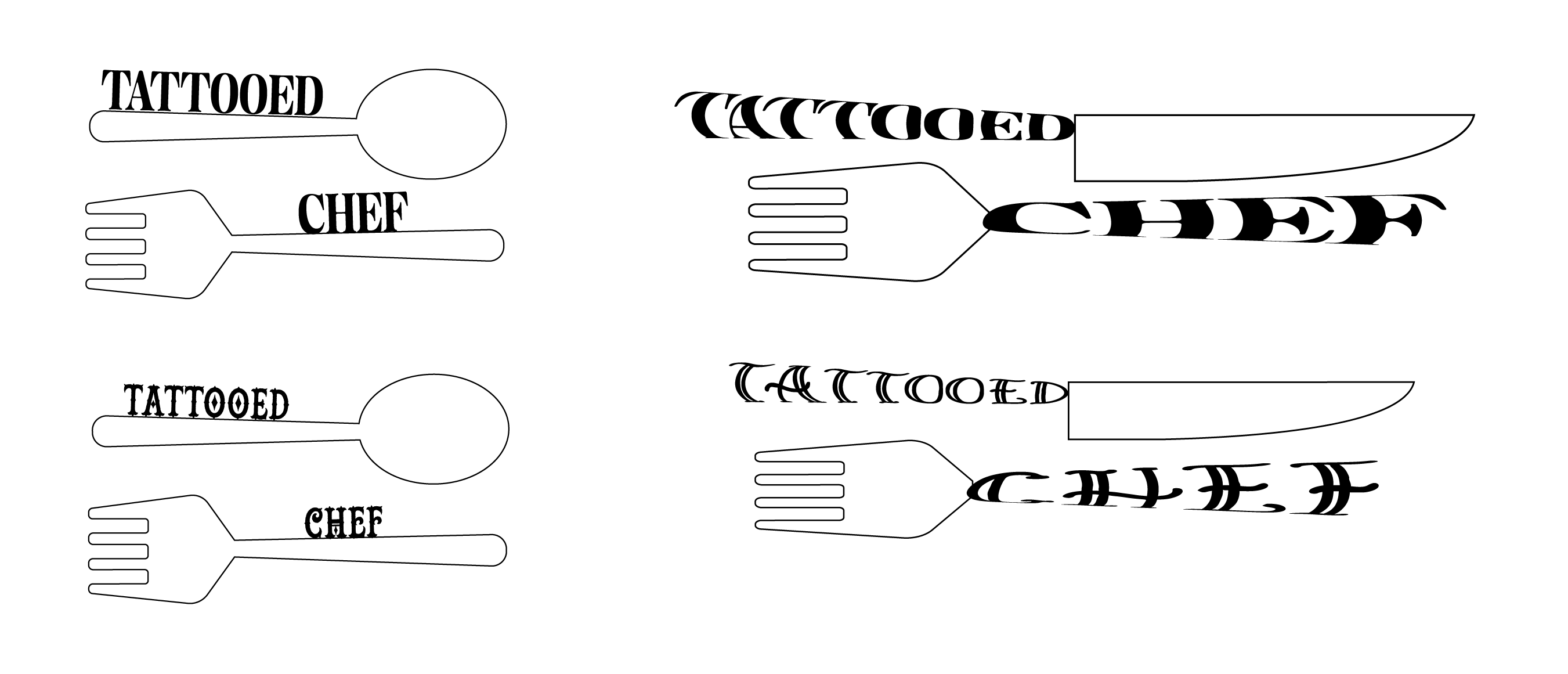 Sketches for the updated Tattooed Cheg logo. These are black and white sketches of knives with Tattooed chef text surrounding it.