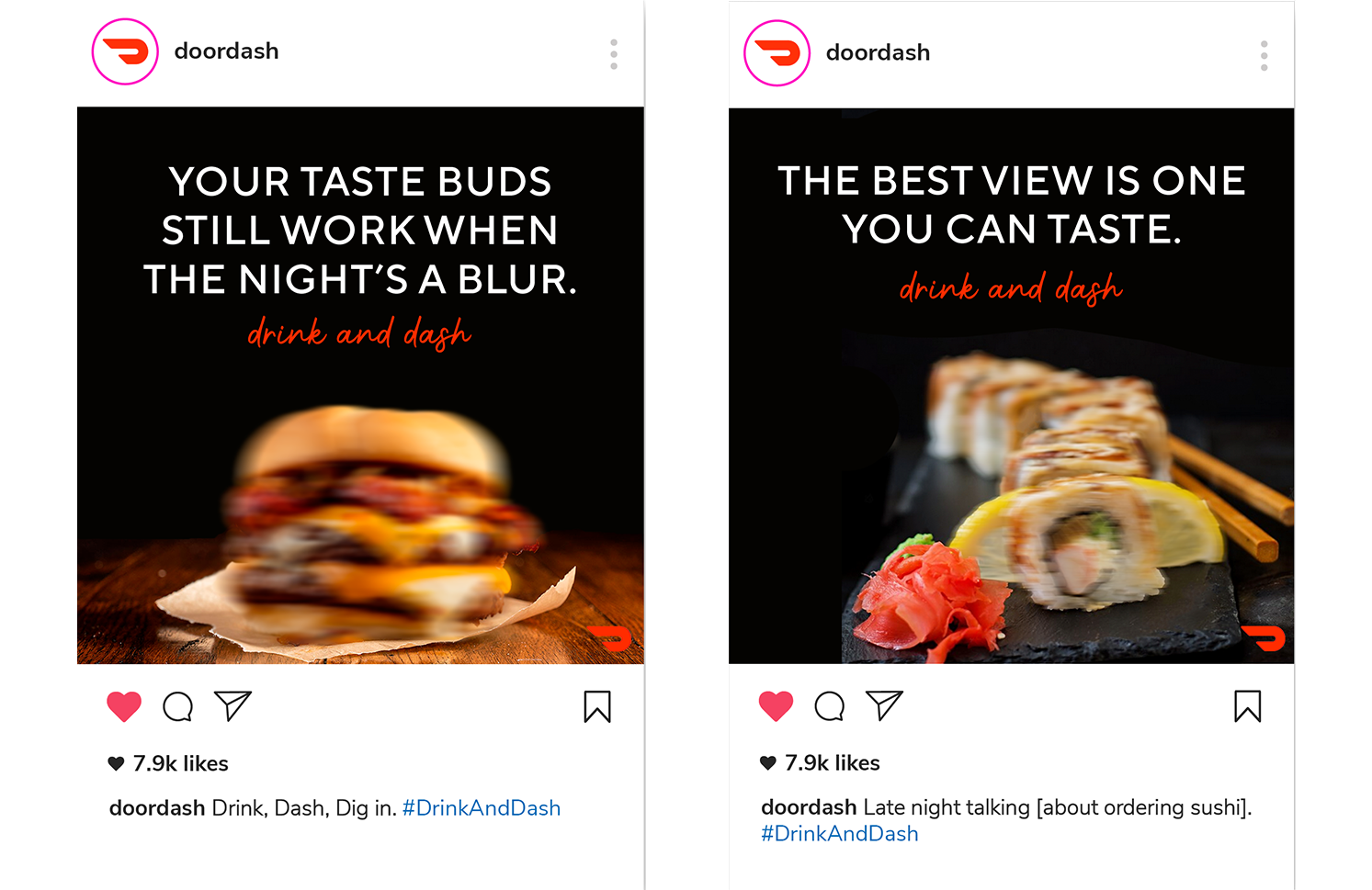 Two mock social posts for Door Dash. Both feature an image of blurry food with a black background.