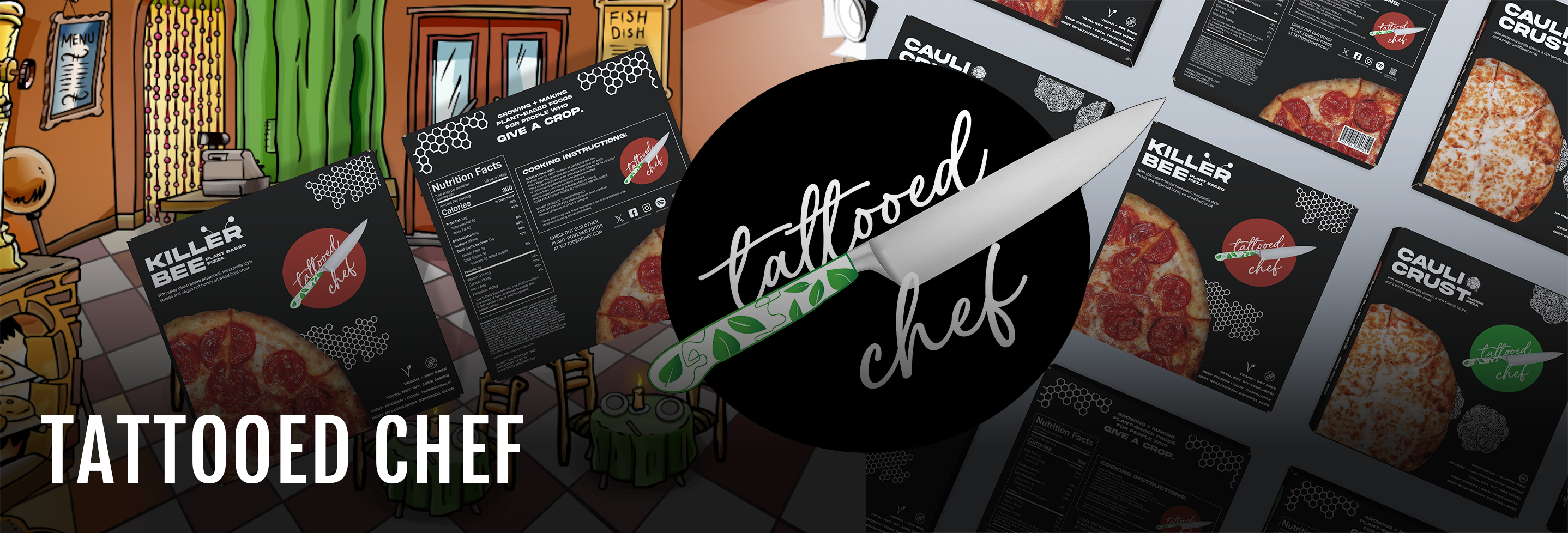 A collection of Tattooed Chef pizza box mockups and a large tattooed chef logo in the middle. The logo is black with white text that says tattooed chef and in the middle of the text is a knife with a white and green decorative handle with plants on it.