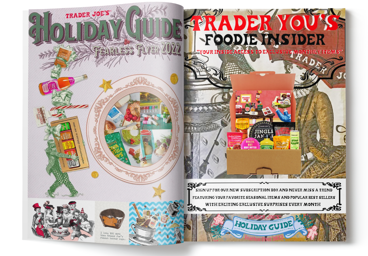 Magazine mockup of the Trader Joe's Friendly Flyer with information about the subscription box inside.