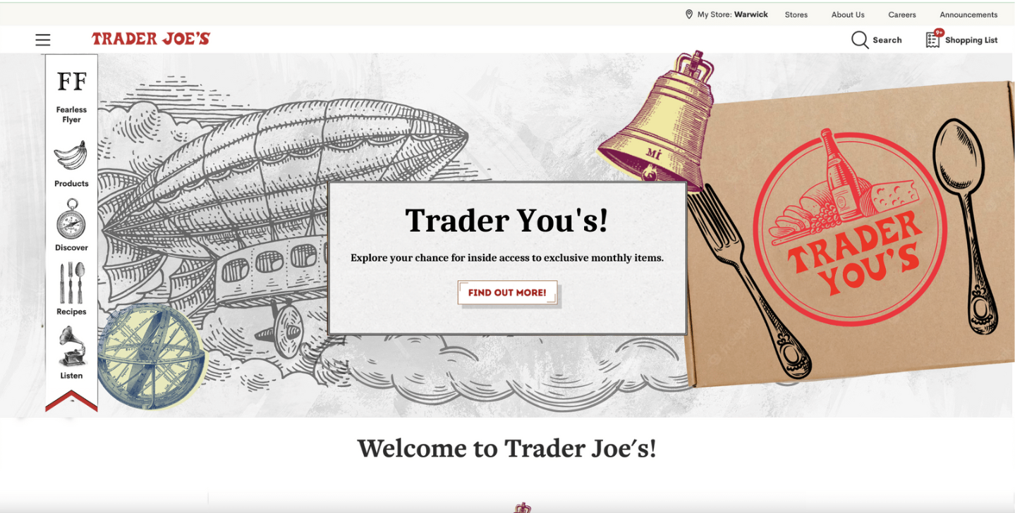 A mockup of the Trader Joe's website, with info about the boxes.