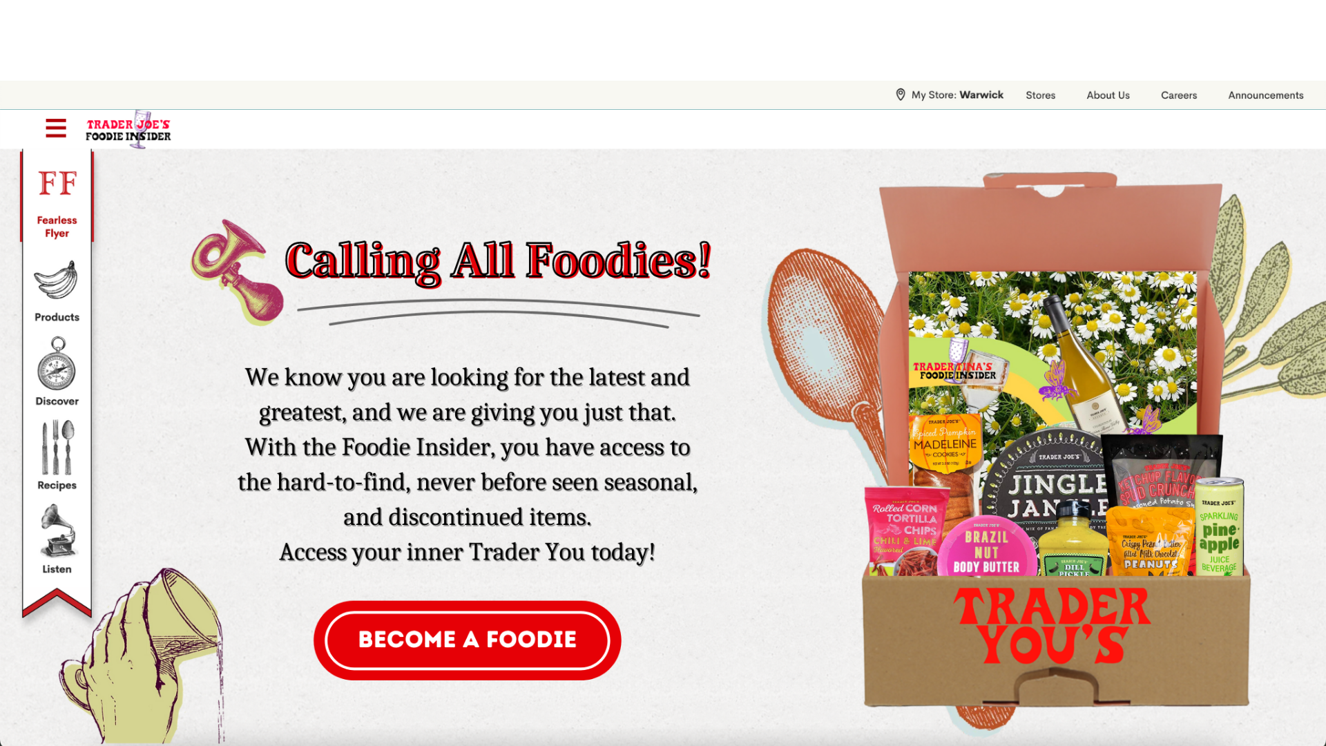 A mockup of the Trader Joe's website, with info about the boxes.