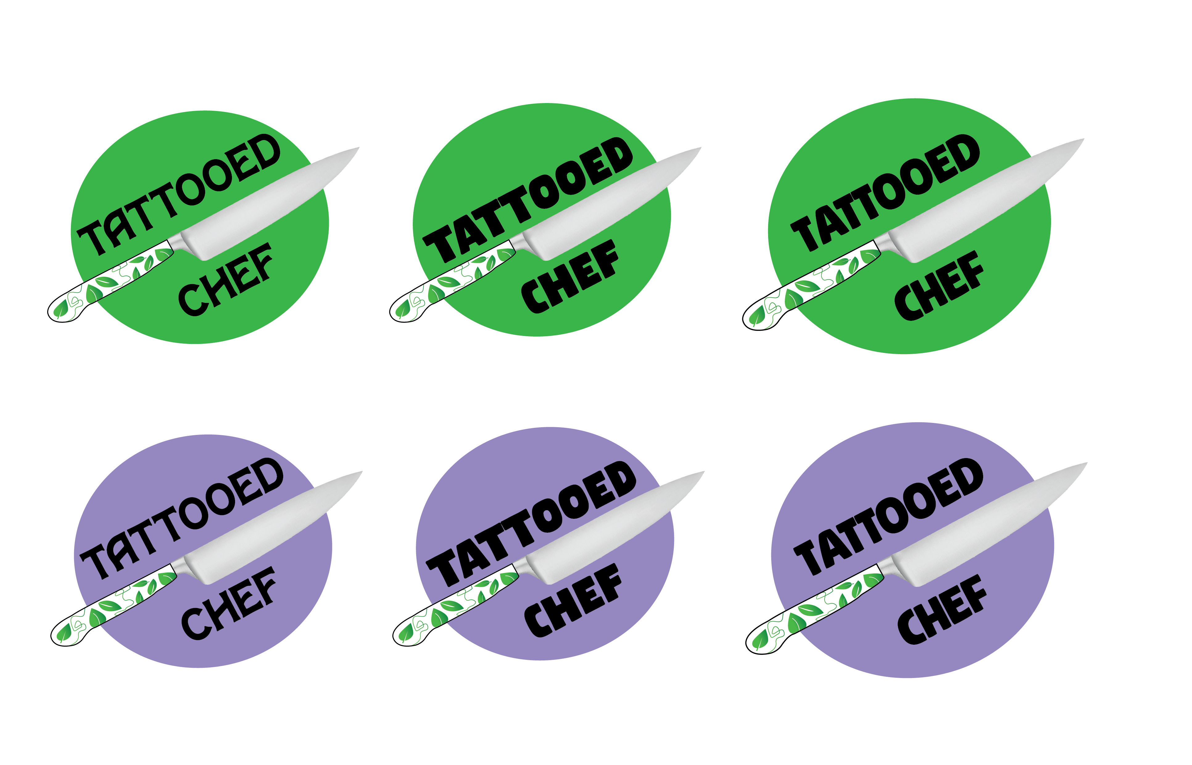 Different tattooed chef logo iterations in green and purple. The logo is a circle with the text tattooed chef inside, with a knife inside the words. The handle of the knife has plants on it.