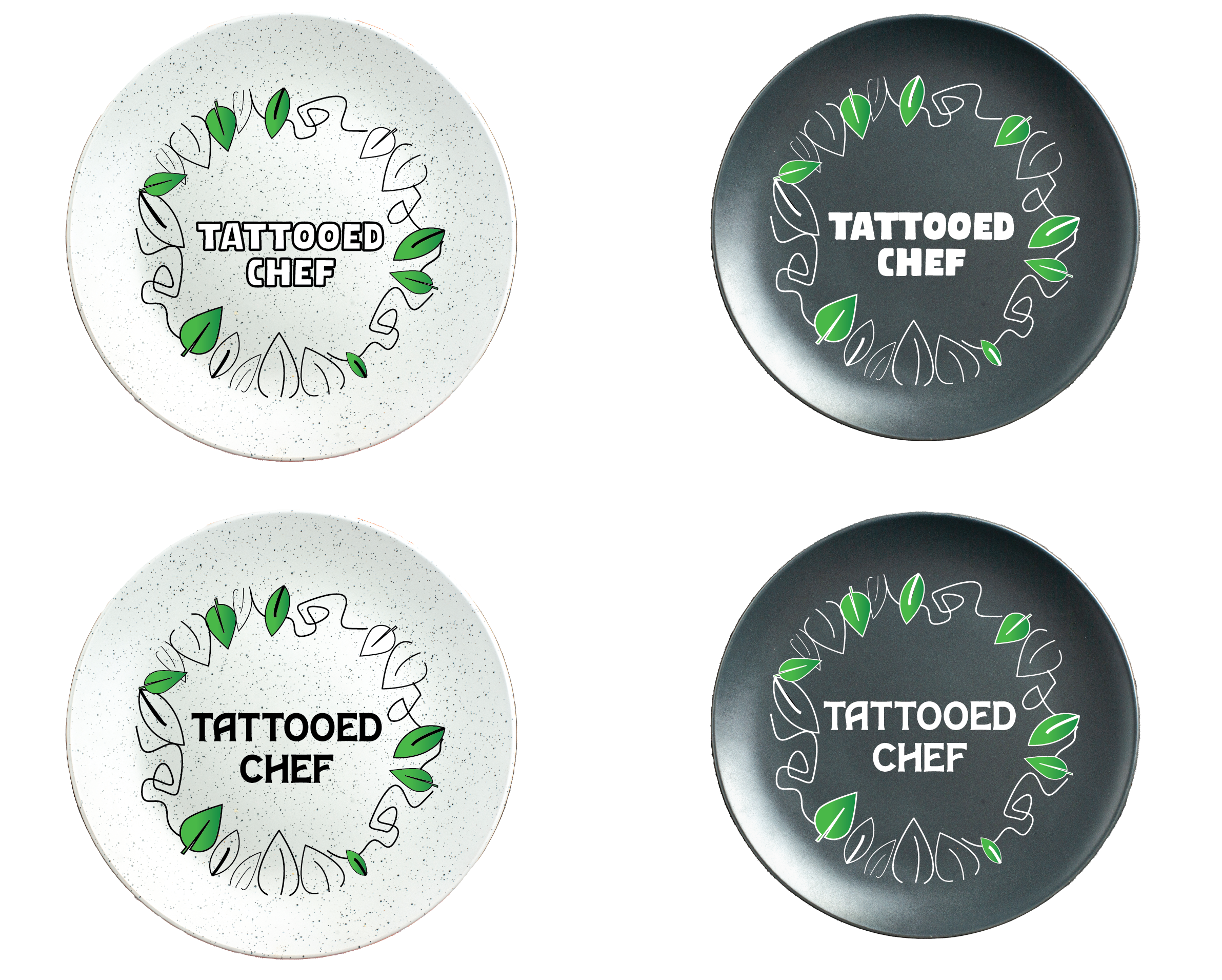 A variety of plates designed to be the logo. The plates are real photographs of plates with handrawn plants on them with the text tattooed chef in the middle. Half of the plates are white with black leaves and text and the other half are black plates with white leaves and text.