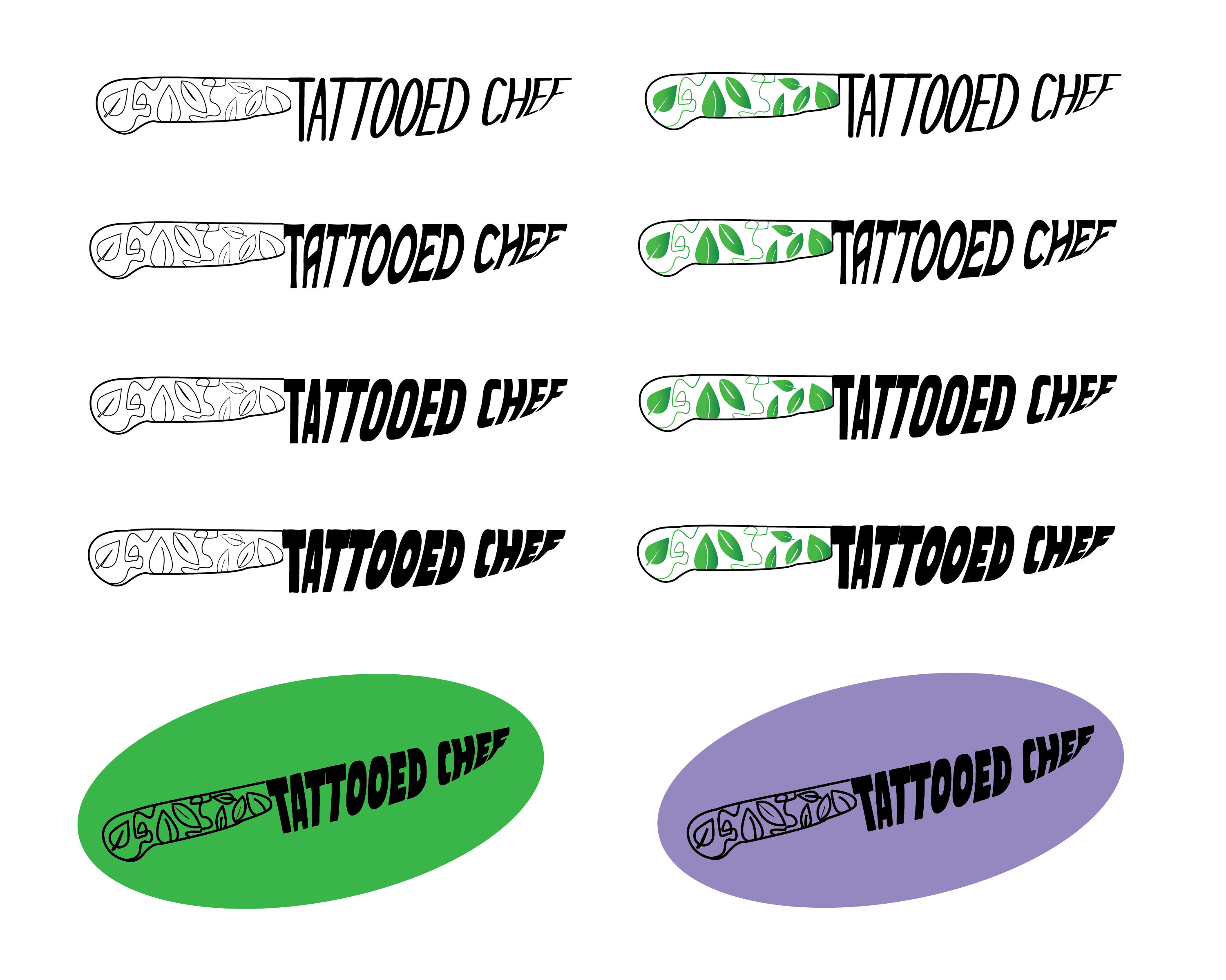 A variety of knives with the words tattooed chef made to be the blade. The handle of the knife is plants. I explored many different fonts and then put the knife in colored ovals (one green and one purple) to give kind of a sticker effect to the logo